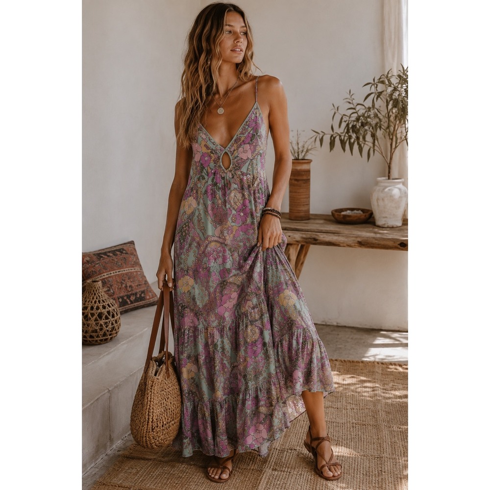 Liberty Love Floral Paisley Maxi Dress L Sage Pink Boho Tiered Keyhole V-Neck
